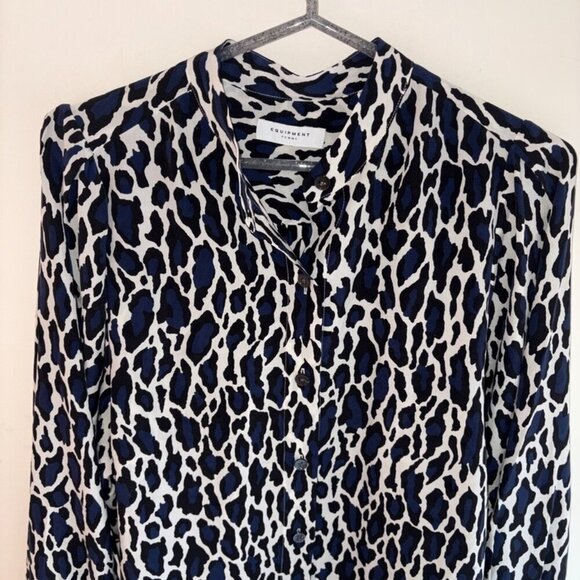 Equipment Tops - Equipment Collarless Oversize Cuff Silk Shanton Shirt Navy Blouse Size Small